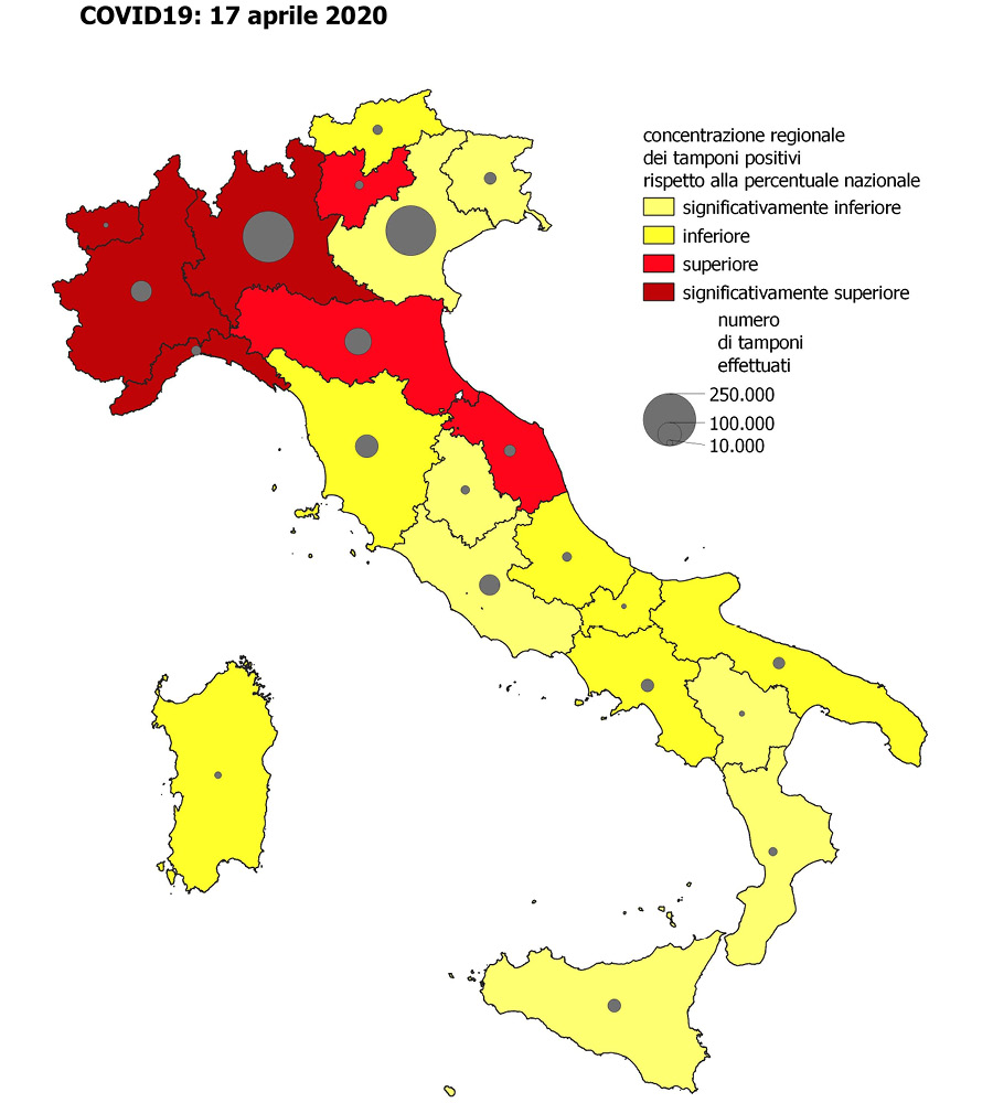 Incidenza COVID19 Italia - concentrazione regionale tamponi positivi rispetto a % nazionale, 17 aprile 2020