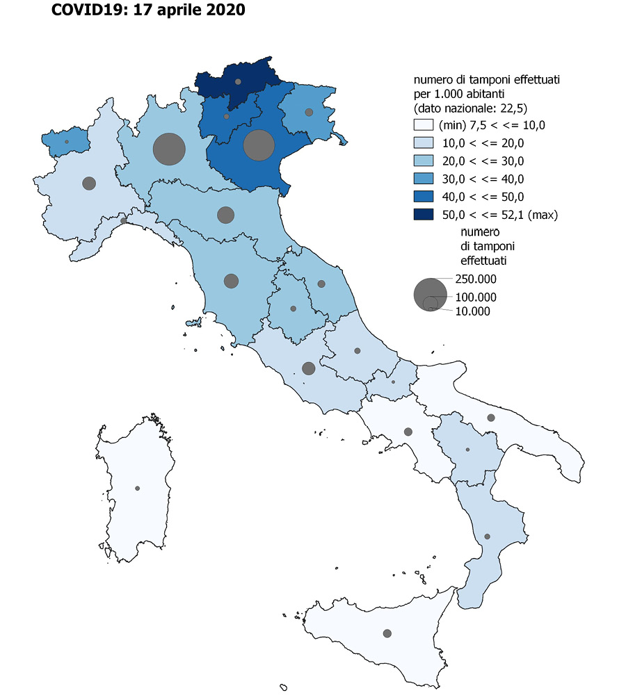 Incidenza COVID19 Italia - numero tamponi effettuati per 1000 abitanti (dato nazionale: 22,5), 17 aprile 2020